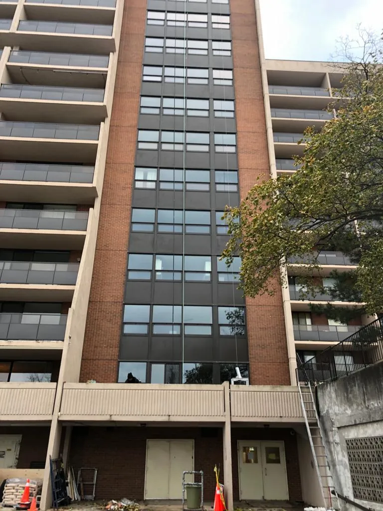 Balconied tower mid-programme with drop lines down the window wall bay