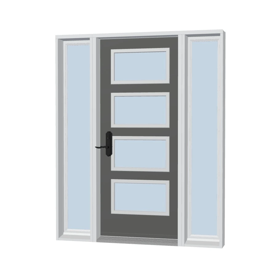 Uno front door with four lites and two direct set sidelites