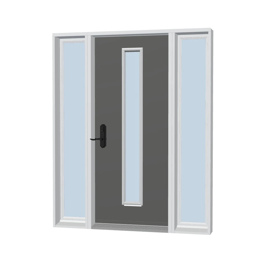 Uno front door with a centered vertical lite and two sidelites