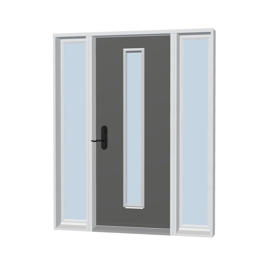 Uno front door with a centered vertical lite and two sidelites